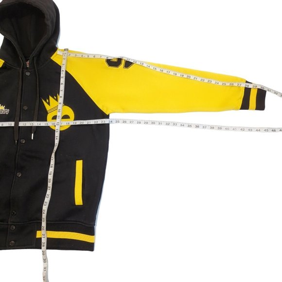 Supreme Society Men's Size Large Varsity Jacket Hooded Black Yellow Snap Button - Picture 12 of 13